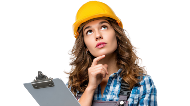 Contemplative Architect: A focused architect wearing a yellow hard hat, deep in thought, studying blueprints and envisioning project details. 