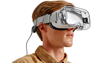 Virtual Reality Exploration: A man immersed in a virtual reality experience, with a sleek VR headset obscuring his eyes as he explores the digital realm.