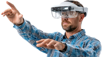 Visual Immersion: A man is fully engaged with an advanced virtual reality headset, his hands in motion as he navigates an immersive digital world.