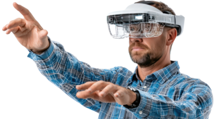 Visual Immersion: A man is fully engaged with an advanced virtual reality headset, his hands in motion as he navigates an immersive digital world.