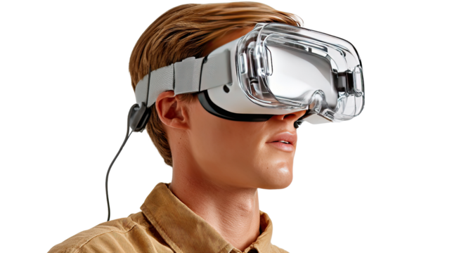 Virtual Reality Exploration: A man immersed in a virtual reality experience, with a sleek VR headset obscuring his eyes as he explores the digital realm. 