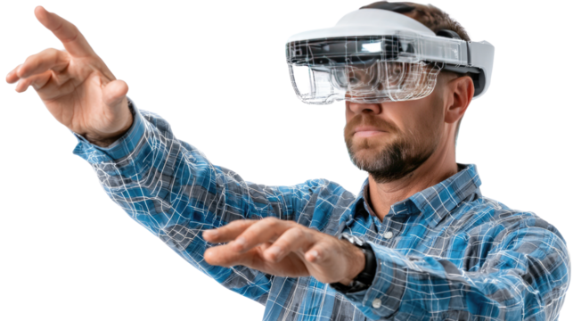 Visual Immersion: A man is fully engaged with an advanced virtual reality headset, his hands in motion as he navigates an immersive digital world.