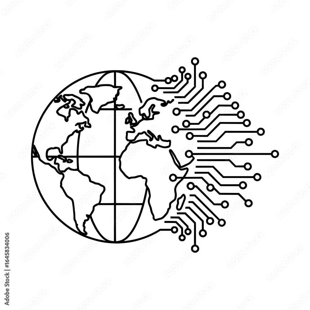 Poster vector illustration of global technology network with digital circuit connecting to the earth
