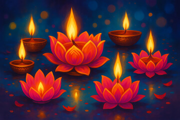 Colorful Lotus Oil Lamps Shining Brightly in Celebration of Light and Inner Peace