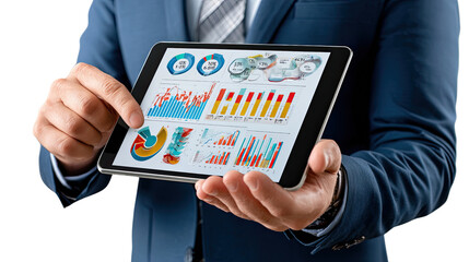 Business Executive's Analytical Insight: A sharp business executive holds a tablet, immersed in data analysis, highlighting market trends and revealing financial performance. 
