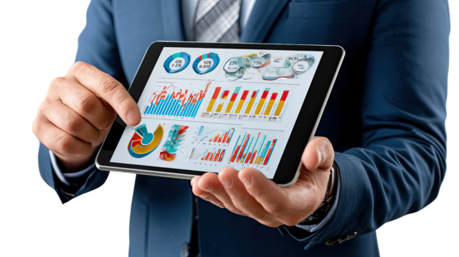 Business Executive's Analytical Insight: A sharp business executive holds a tablet, immersed in data analysis, highlighting market trends and revealing financial performance. 