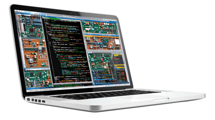Digital Brain: Capturing the intricate design and programming code on a laptop screen, showcasing the tools of technology, digital art and technology