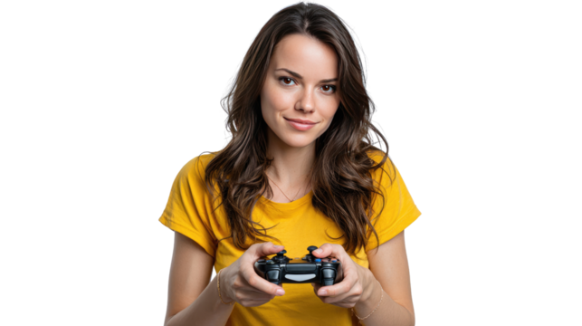 Enthralled Gamer: A young woman exudes a calm, captivated expression as she holds a game controller, engrossed in an imaginary virtual reality experience, her eyes full of fascination. 