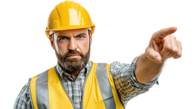 Construction Site Inspector: A stern construction worker, clad in safety gear, points assertively with a focused gaze, embodying authority and guidance.