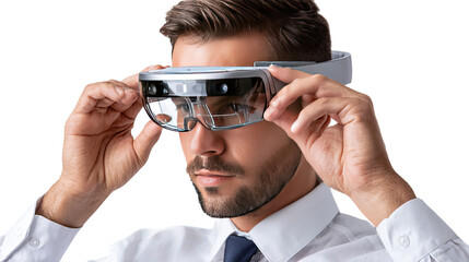 Augmented Reality Goggles: A focused individual models futuristic glasses, poised to revolutionize digital technology, embodying modern innovation and cutting-edge design.