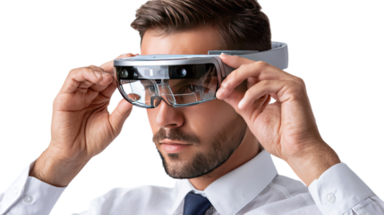 Augmented Reality Goggles: A focused individual models futuristic glasses, poised to revolutionize digital technology, embodying modern innovation and cutting-edge design.