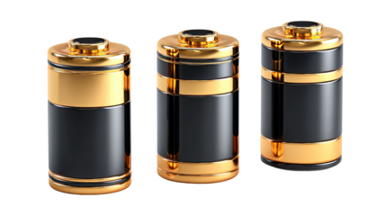 Golden Batteries: A trio of golden and black cylindrical batteries, symbolizing power and energy, stand in a row, inviting viewers to contemplate their potential