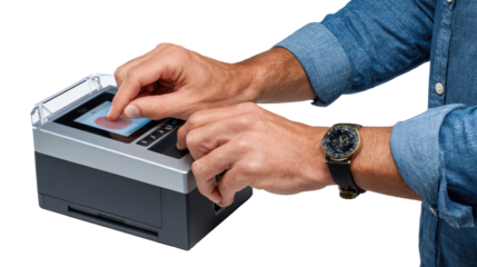 Fingerprint Scanner Authentication: Hands interact with a fingerprint scanner, highlighting secure access and personal identification, demonstrating the intersection of technology and data security.