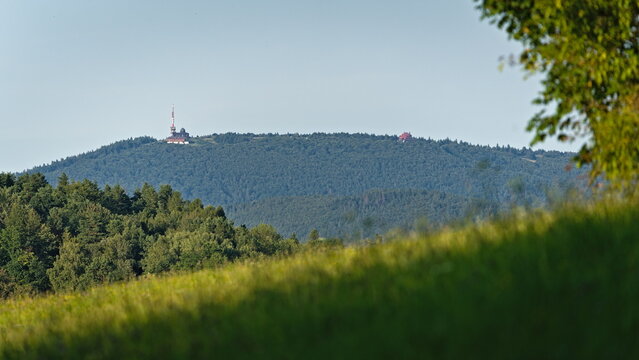 Radhost Mountain with Chapel of Saints Cyril and Methodius and TV tower. Beskydy Mountains, Czech Republic. View from Vidce.
