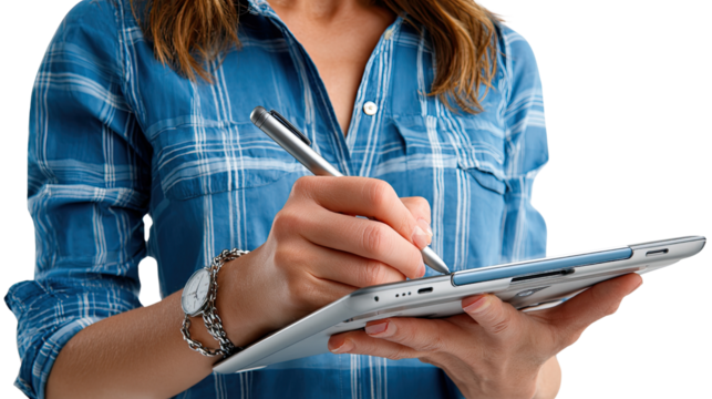 Digital Signature: A professional individual meticulously signs on a tablet, showcasing the convergence of technology and personalized interaction, in this photorealistic depiction.