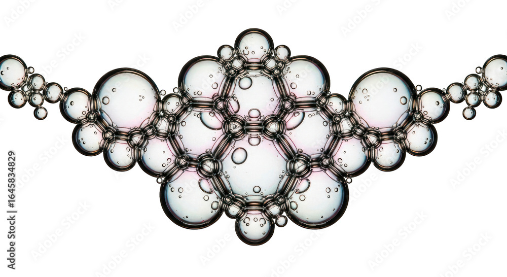 Poster cluster of iridescent bubbles forming hexagonal patterns, isolated on black background