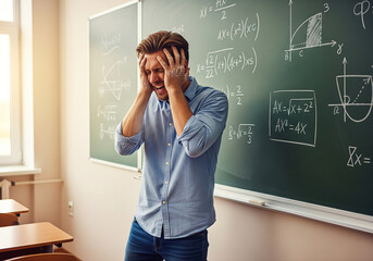 A man in a classroom stands in front of a blackboard filled with math equations, clutching his head in frustration.