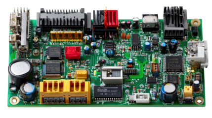 Circuit Board: A detailed shot of an intricate circuit board, showcasing the complexity of modern technology with various electronic components.