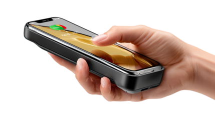 Smart Phone in Hand: A person's hand cradles a sleek smartphone, its screen displaying vibrant images, as a finger gracefully interacts with the touchscreen.