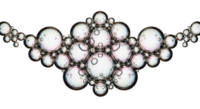 Cluster of iridescent bubbles forming hexagonal patterns, isolated on black background - Powered by Adobe