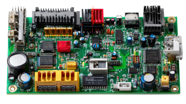 Circuit Board: A detailed shot of an intricate circuit board, showcasing the complexity of modern technology with various electronic components.