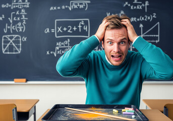 A man in a teal sweater looks shocked and overwhelmed while sitting in front of a blackboard filled with math equations.