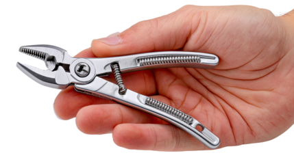 Precise Grip: A close-up shot shows a hand firmly holding a pair of metallic pliers, highlighting their intricate design and potential for precision tasks. 