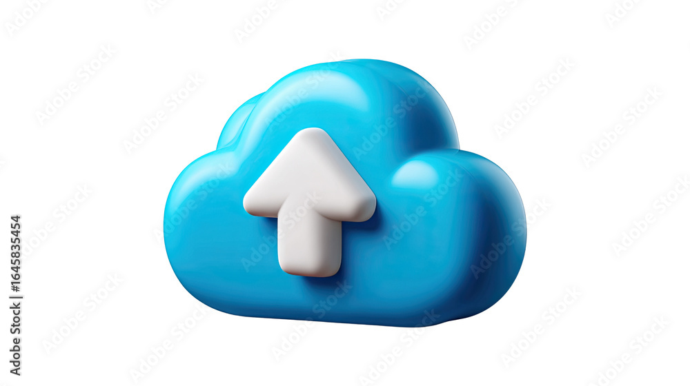 Poster cloud upload symbol: a vibrant blue cloud with an upward arrow signifies data transfer and cloud com