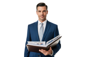 Confident businessman in blue suit holding client portfolio folder with financial charts and graphs