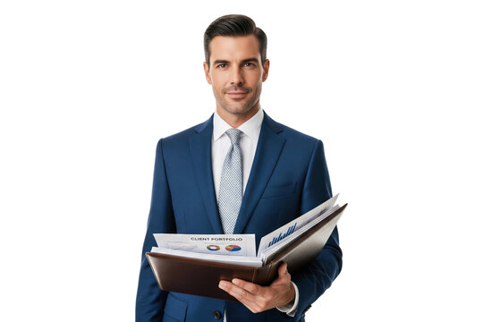 Confident businessman in blue suit holding client portfolio folder with financial charts and graphs