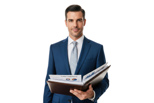 Confident businessman in blue suit holding client portfolio folder with financial charts and graphs