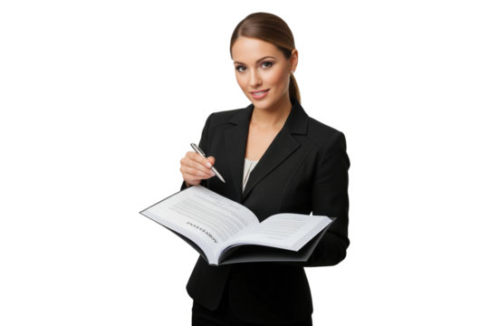 Professional businesswoman in black suit presenting and explaining document with pen