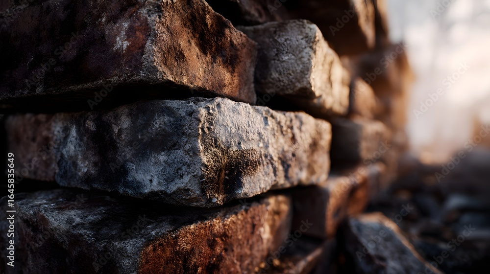Poster stacked bricks at a construction site with lighting and sharp focus