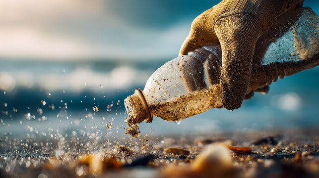 Gloved Hand Collects Plastic Bottle on Sandy Beach Near the Sea