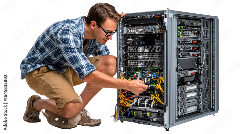 Poster tech expert at work: a focused tech professional intently works on complex server equipment in a mod