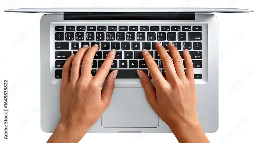 Poster hands on keyboard: top-down view of a person's hands typing diligently on a sleek laptop keyboard. a