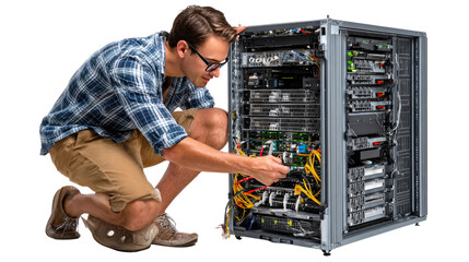Tech Expert at Work: A focused tech professional intently works on complex server equipment in a modern data center, showcasing the intricacies of technology maintenance and management.
