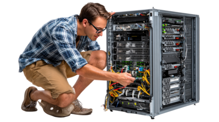 Tech Expert at Work: A focused tech professional intently works on complex server equipment in a modern data center, showcasing the intricacies of technology maintenance and management.