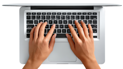 Hands on Keyboard: Top-down view of a person's hands typing diligently on a sleek laptop keyboard. An image representing productivity and technology