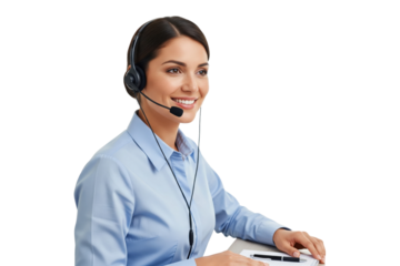 Smiling female call center agent in blue shirt working at desk with headset