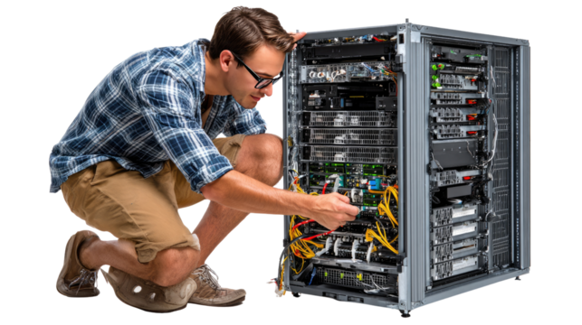 Tech Expert at Work: A focused tech professional intently works on complex server equipment in a modern data center, showcasing the intricacies of technology maintenance and management.