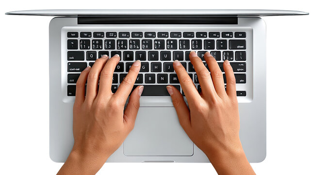 Hands on Keyboard: Top-down view of a person's hands typing diligently on a sleek laptop keyboard. An image representing productivity and technology - Powered by Adobe