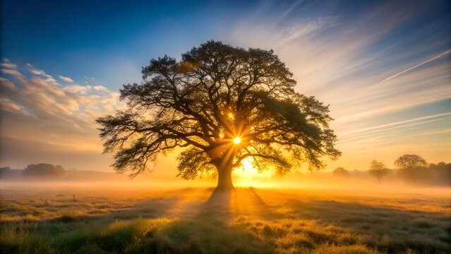 Photo of majestic oak tree silhouetted against a vibrant sunrise with golden sun rays bursting through the branches and illuminating the morning fog