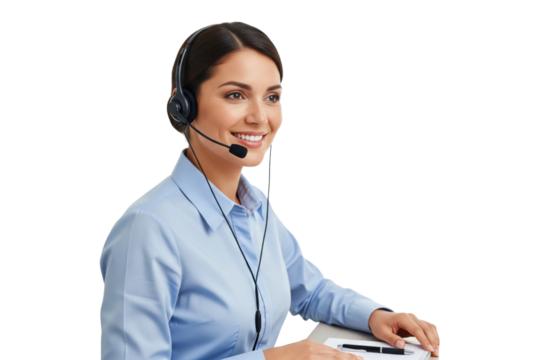 Smiling female call center agent in blue shirt working at desk with headset