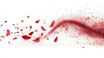A swirling vortex of crimson petals and dust particles against a stark white backdrop, creating a dynamic and ethereal visual