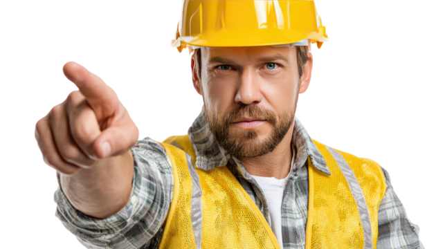 Construction Worker Pointing: A focused construction worker, clad in safety gear, confidently points towards the future, showcasing his expertise and leadership.