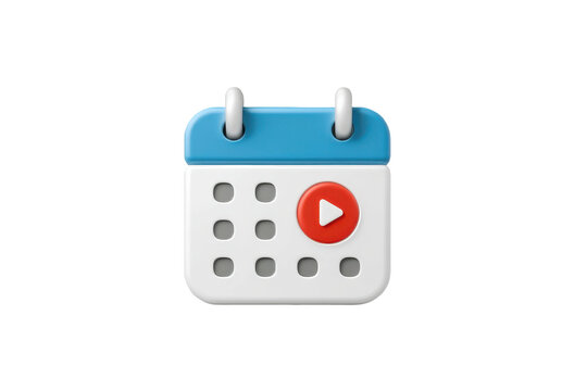 A calendar icon featuring a blue header, white body with grid squares, and a prominent red play button.