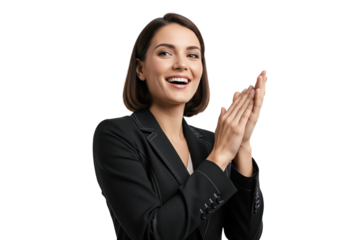 Smiling businesswoman clapping in black suit