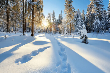 Fototapeta premium Footprints in freshly fallen snow lead through a serene winter forest landscape at sunrise