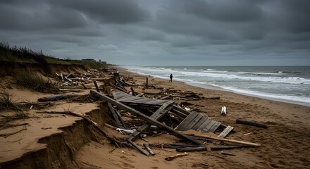 A desolate, stormy coastline with eroded sand dunes, wooden wreckage, and a lone figure walking by the sea.